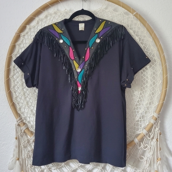 Vintage 80s V-Neck Short Sleeve Boho Western Jeweled Fringe Womens Black Top O/S - Picture 7 of 7